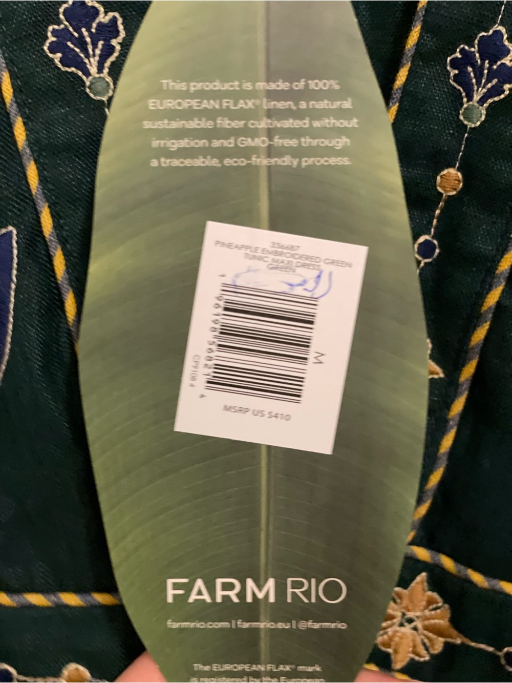 FARM Rio Green Pineapple Embroidered Euroflax™ Premium Linen Tunic Maxi Dress - Picture 6 of 8